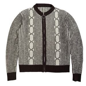 Vintage 1970s Zip Up Cardigan Sweater Men’s M Brown Cream Acrylic Knit Retro